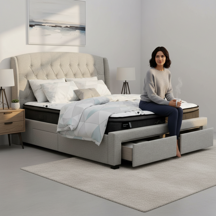 Rutherford Queen Fabric Bed with Drawers – Grey