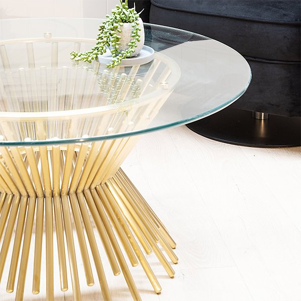 Sassy 90cm Round Glass Coffee Table - Brushed Gold Base