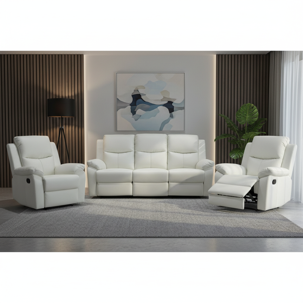 Stratford 3 Piece Leather Recliner Sofa Set - Off White