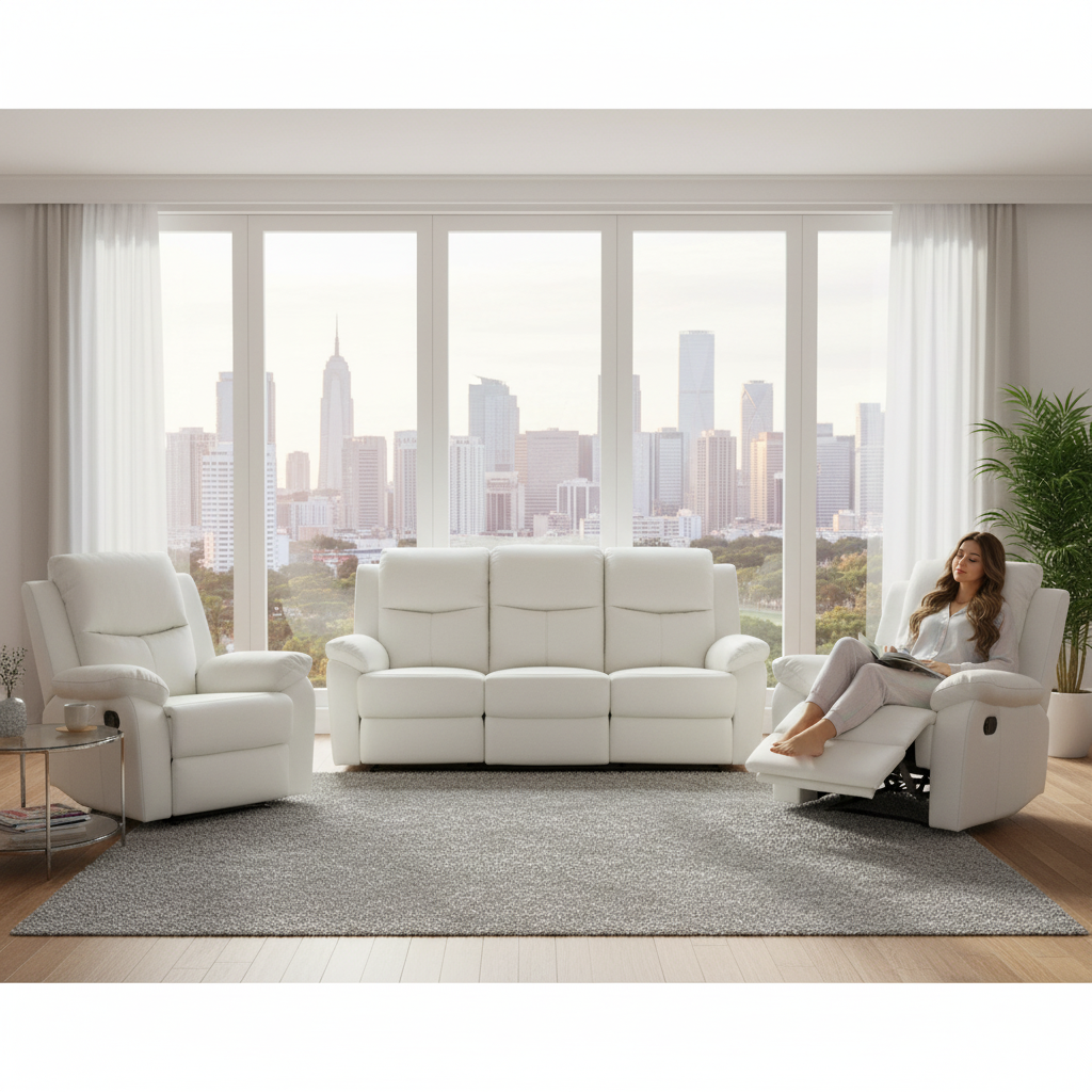 Stratford 3 Piece Leather Recliner Sofa Set - Off White