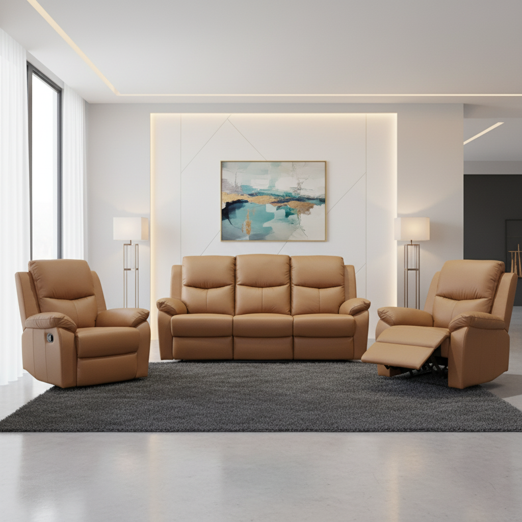 Stratford 3 Piece Leather Recliner Sofa Set - Tan