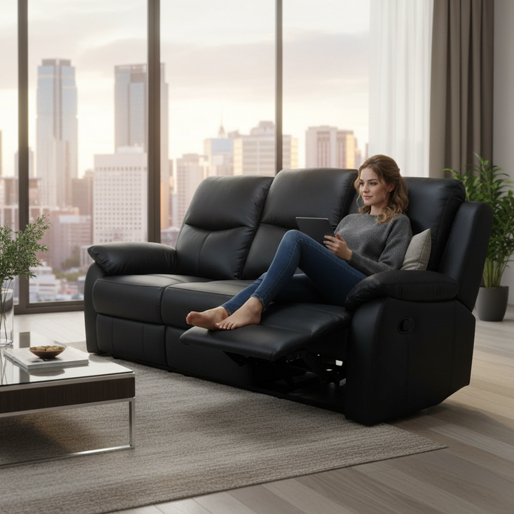 Stratford 3 Seater Leather Recliner Sofa - Black