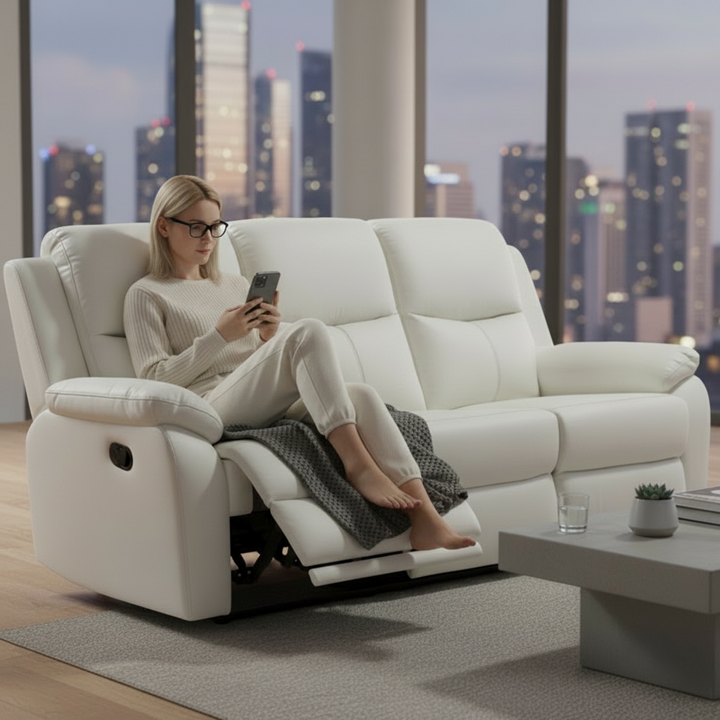 Stratford 3 Seater Leather Recliner Sofa  - Off White