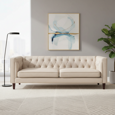 Tuxedo 3 Seater Tufted Sofa - Fawn Linen