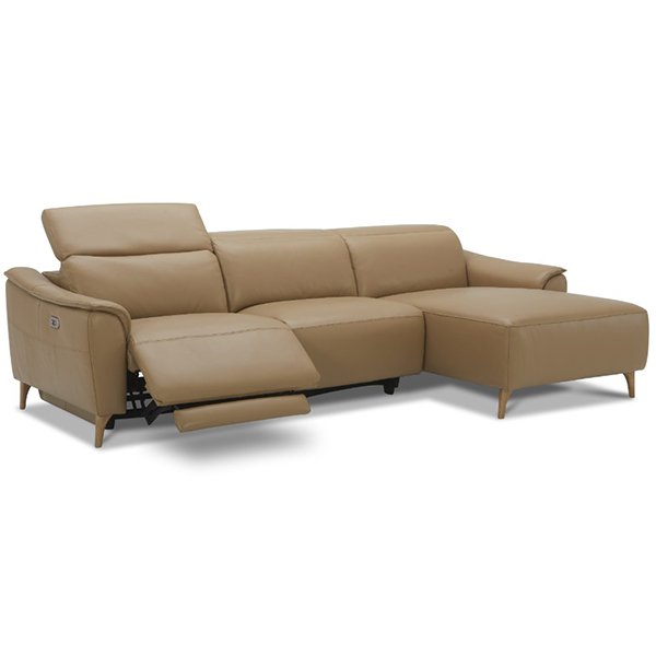 Vitorio 2 Seat Leather Electric Recliner With Adjustable Headrests & RHF Chaise - Latte