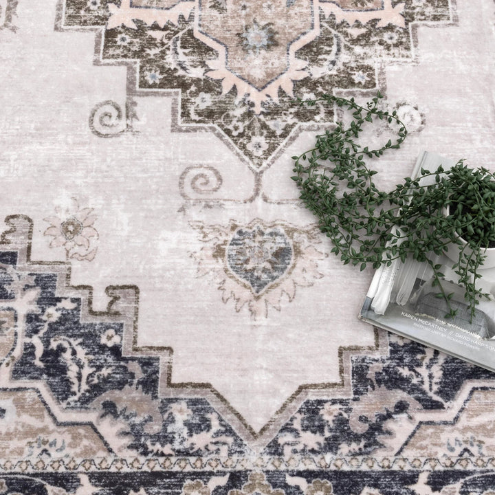 Washwell Beige Grey Machine Washable Rug