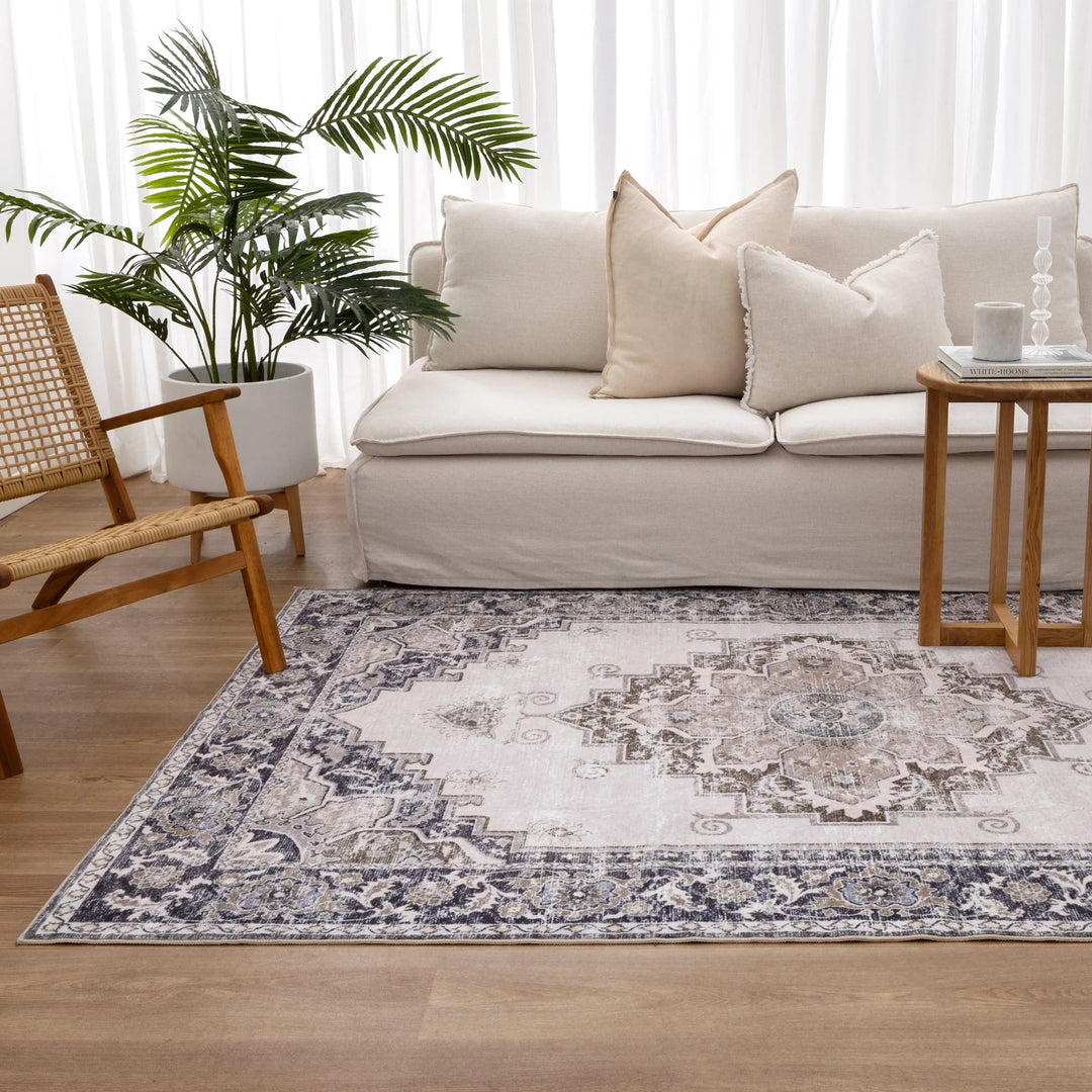 Washwell Beige Grey Machine Washable Rug