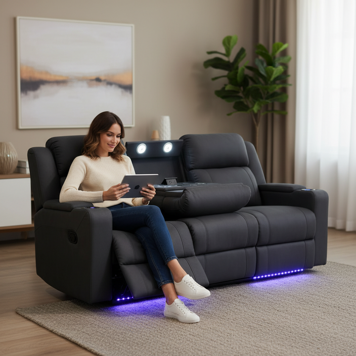 Wolgan 3 Seater Upholstered Recliner Sofa - Black