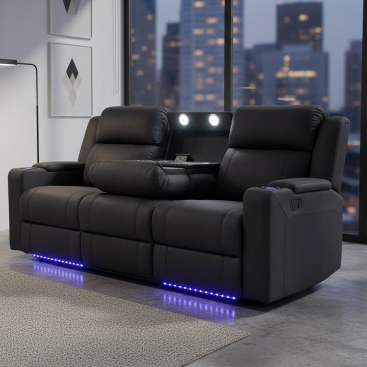 Wolgan 3 Seater Upholstered Recliner Sofa - Black