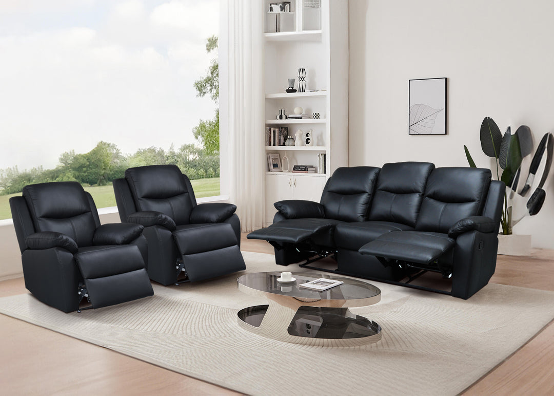 Kent Manual Leather Recliner 3 Seater Sofa - Black