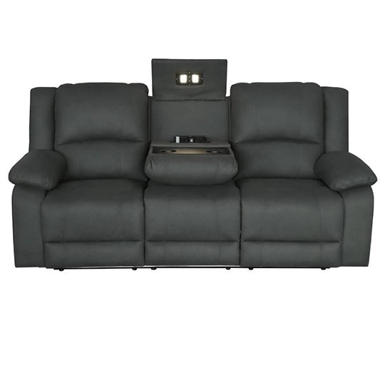 Oberon Rhino Fabric Recliner 3 Seater Sofa with Dropdown Table - Jet