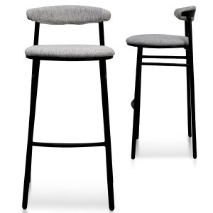 Set of 2 - Oneal 65cm Fabric Bar Stool - Silver Grey and Black Legs
