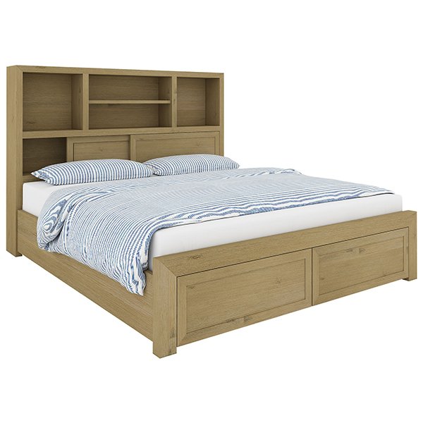 Clovelly Acacia Timber Bookcase Bed with End Drawers - Queen - Cassa Vida